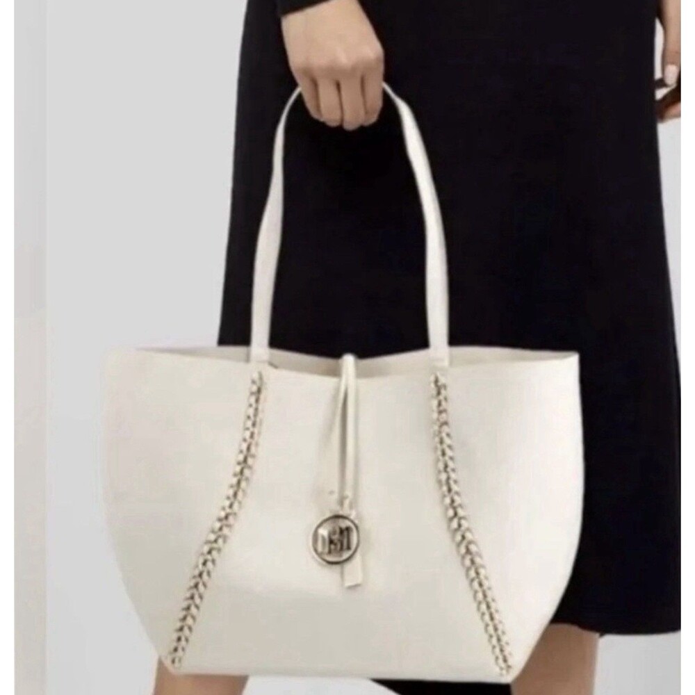 Badgley Mischka Ivory Leather Gold Chain Hardware Detail Tote Bag NWT